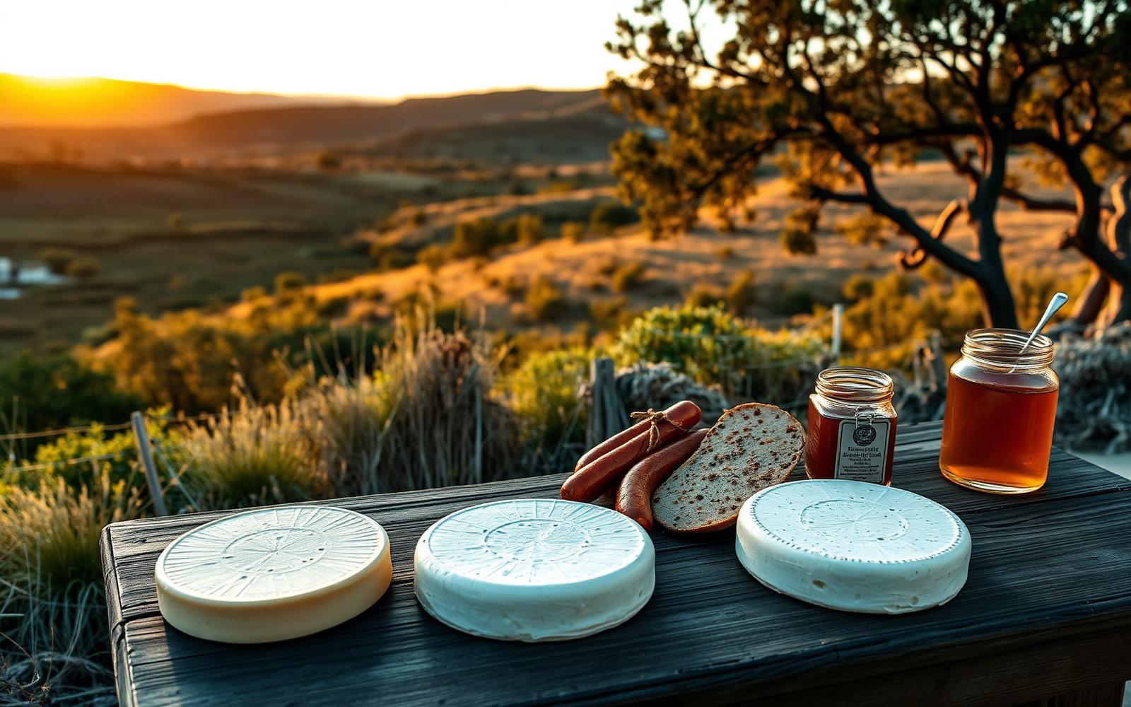 Paesaggio sardo con formaggi, pane carasau, salumi e miele